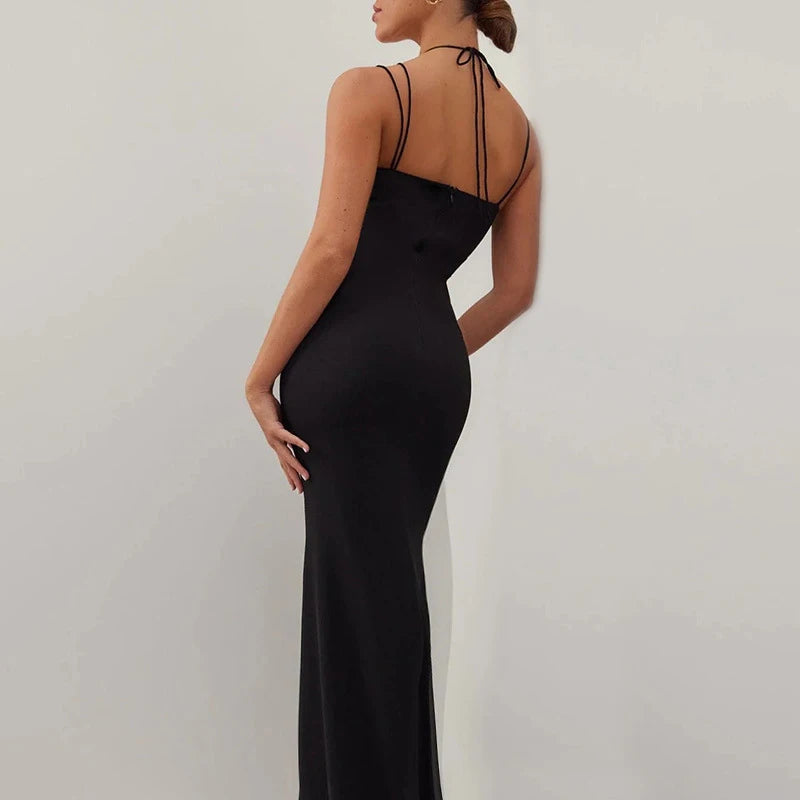 Spaghetti Strap Cut Out Long Dress Elegant Corset Evening Party Dress For Women Backless Sheer Bodycon Maxi Dress Black