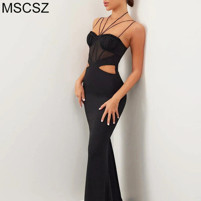 Spaghetti Strap Cut Out Long Dress Elegant Corset Evening Party Dress For Women Backless Sheer Bodycon Maxi Dress Black