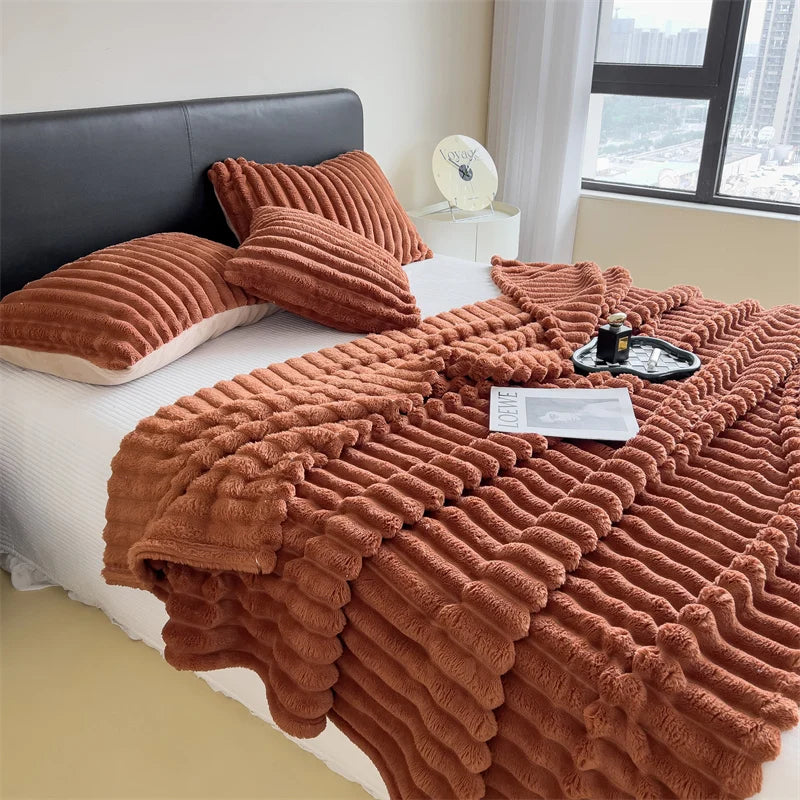 Solid color thickened wide striped multifunctional blanket, can be used as bed sheet cover blanket, nap blanket, pet blanket