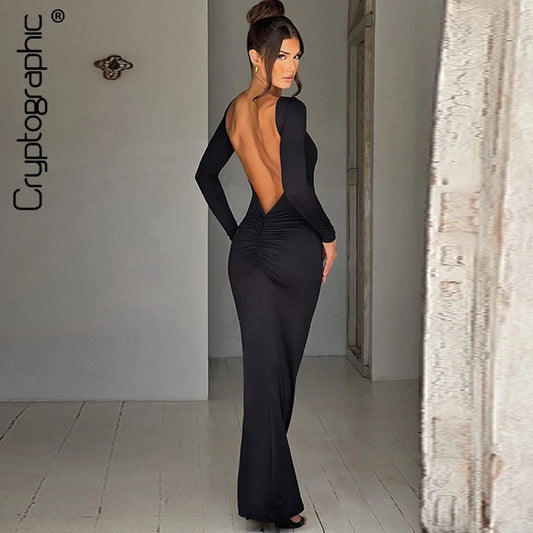 Cryptographic Elegant Open Back Ruched Sexy Bodycon Maxi Dress Birthday Outfits for Women Long Sleeve Dresses Gown Club Party