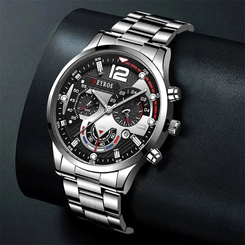 2pcs Luxury Mens Silver Quartz Watch With Stainless Steel Bracelet Men Fashion Business Casual Watch Luminous Clock