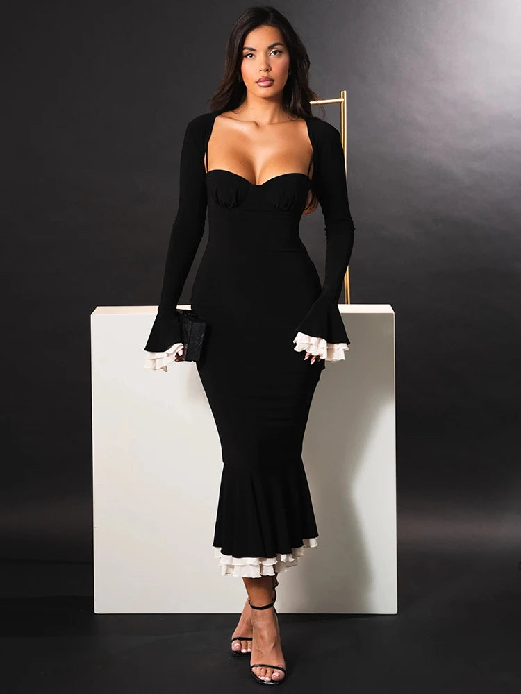 Mozision Elegant Long Sleeve Sexy Maxi Dress For Women Gown Fashion Patchwork Square Collar Bodycon Evening Fishtail Dress