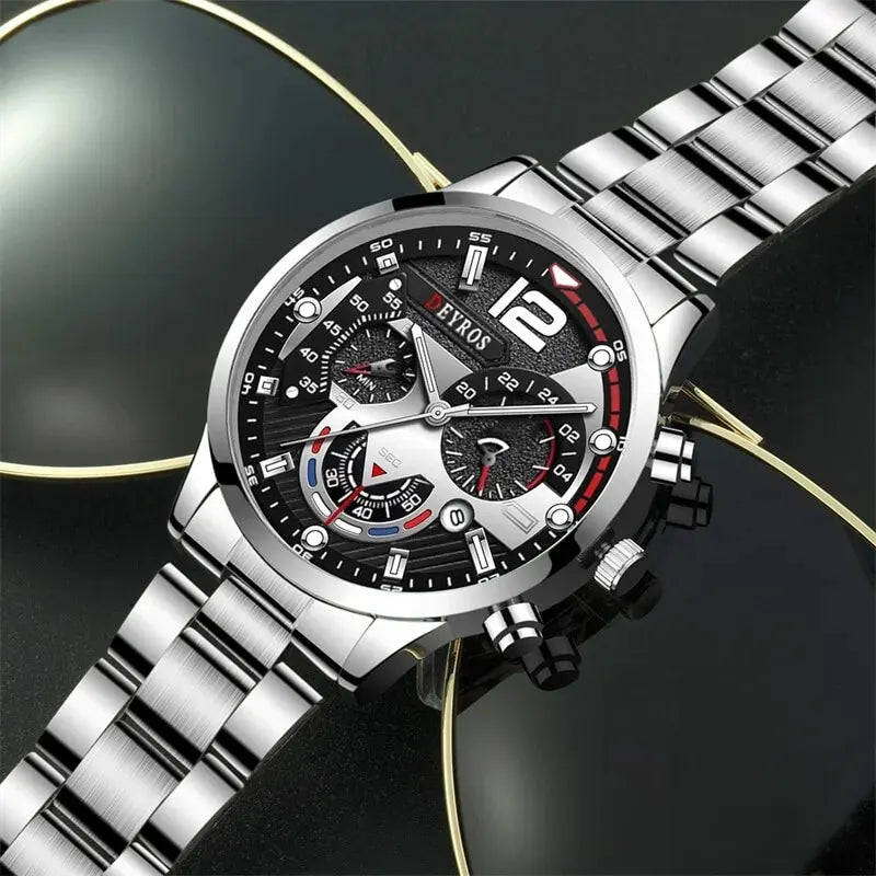 2pcs Luxury Mens Silver Quartz Watch With Stainless Steel Bracelet Men Fashion Business Casual Watch Luminous Clock